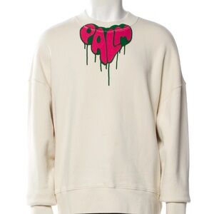 Palm Angels Cream and Pink Crewneck Sweater with Graffiti Heart